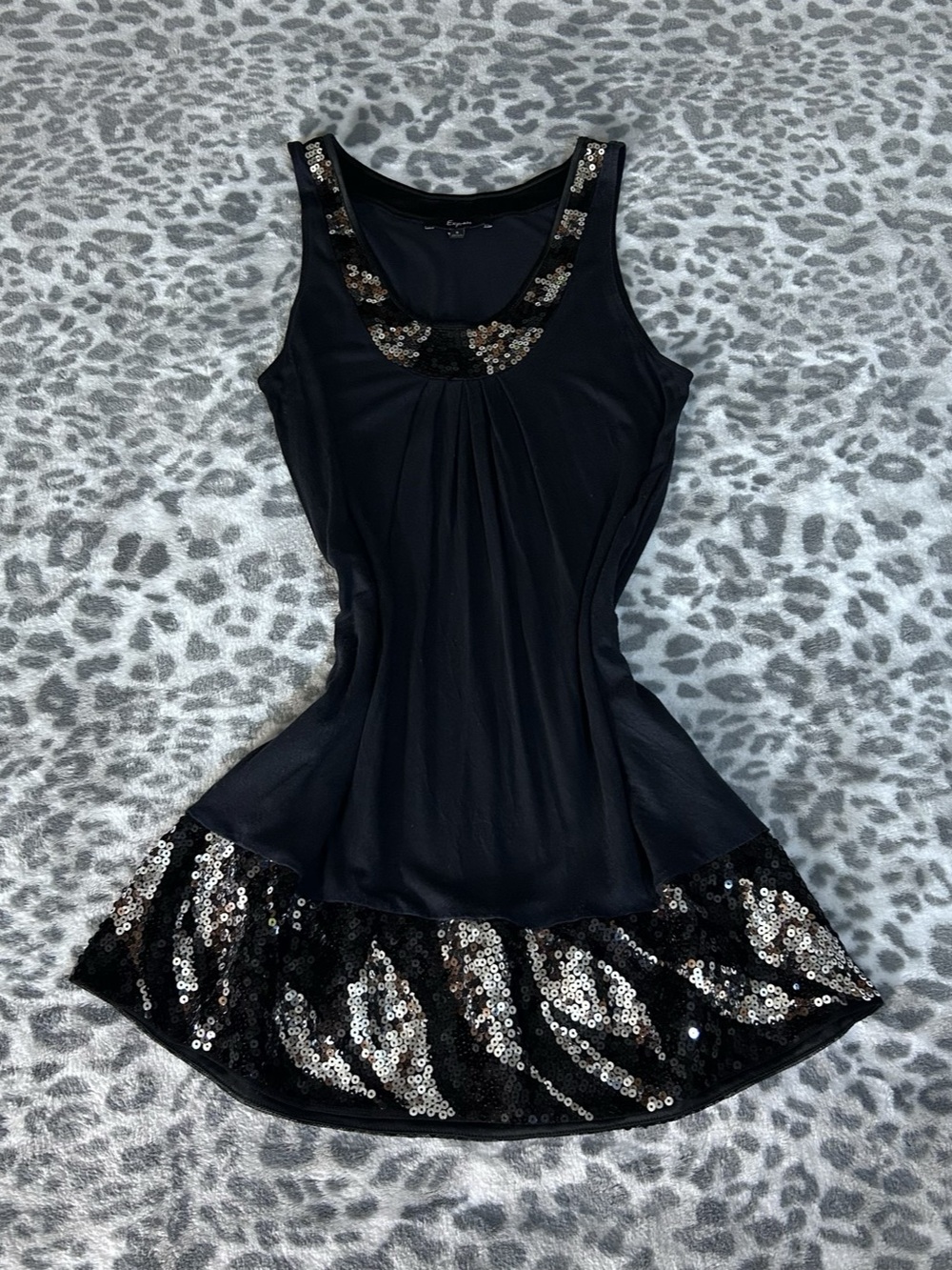 Vintage Express Sequin Hem Tank Mini Dress in Black & Silver Size Small